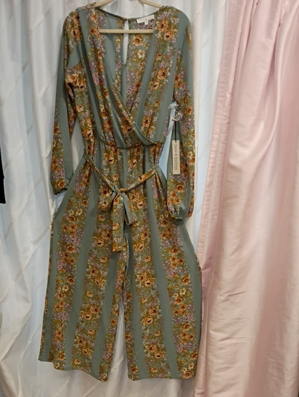 june & hudson Sage Floral Stripe Wrap Jumpsuit with Tie Waist